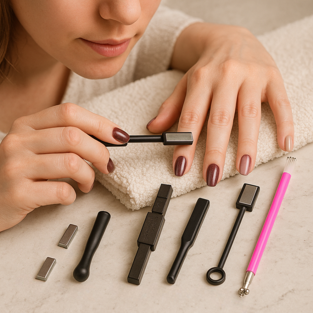 KIT ÍMÃ PARA UNHAS 8 PEÇAS + ESMALTE GEL OLHO DE GATO MAGNÉTICO