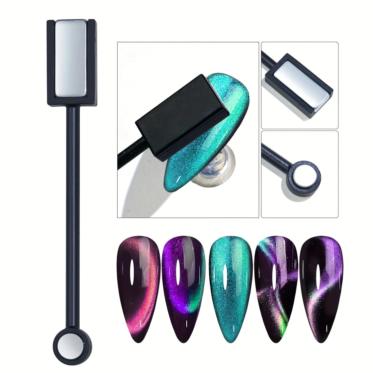 KIT ÍMÃ PARA UNHAS 8 PEÇAS + ESMALTE GEL OLHO DE GATO MAGNÉTICO