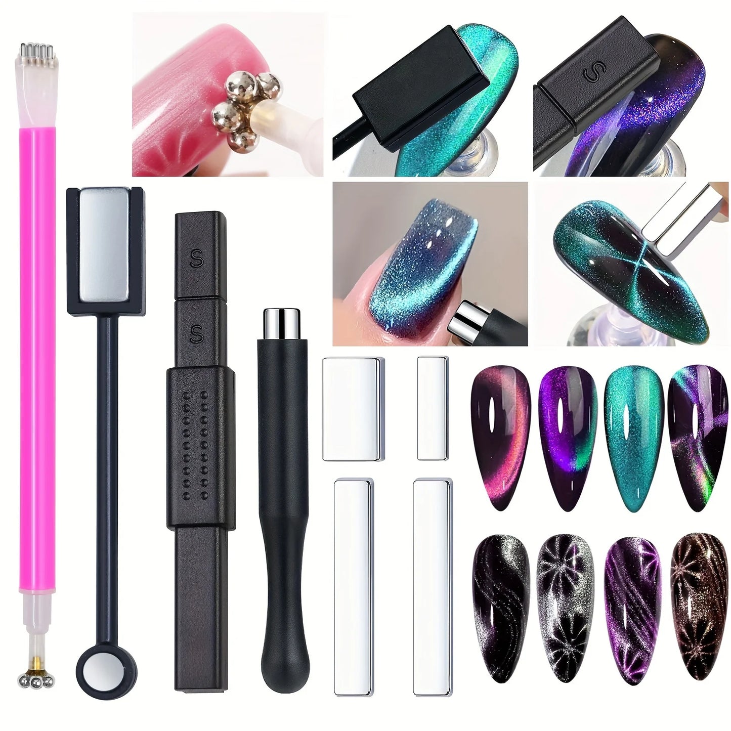 KIT ÍMÃ PARA UNHAS 8 PEÇAS + ESMALTE GEL OLHO DE GATO MAGNÉTICO