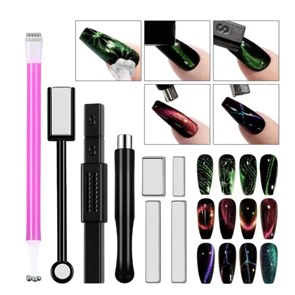 KIT ÍMÃ PARA UNHAS 8 PEÇAS + ESMALTE GEL OLHO DE GATO MAGNÉTICO