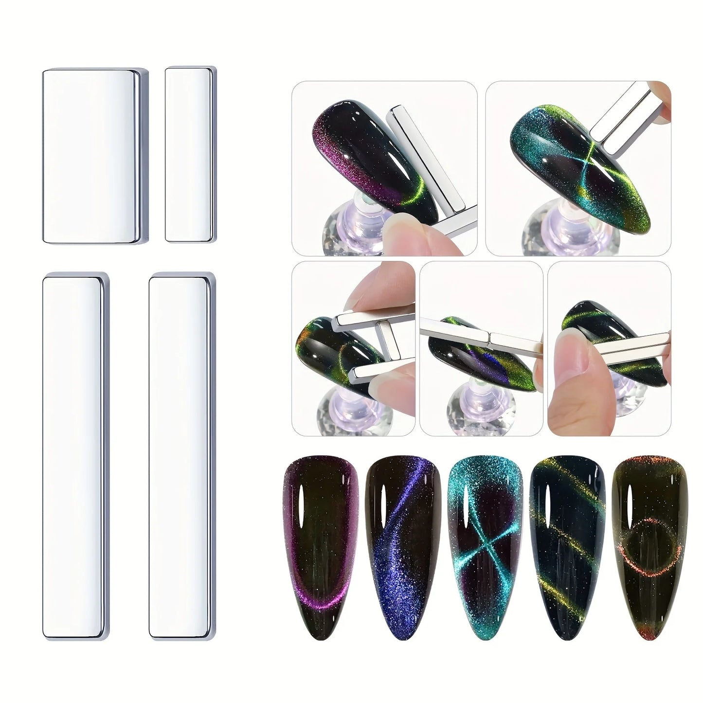KIT ÍMÃ PARA UNHAS 8 PEÇAS + ESMALTE GEL OLHO DE GATO MAGNÉTICO