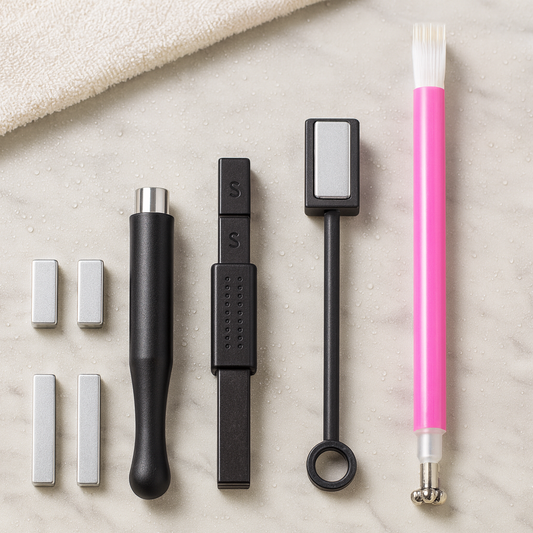 KIT ÍMÃ PARA UNHAS 8 PEÇAS + ESMALTE GEL OLHO DE GATO MAGNÉTICO