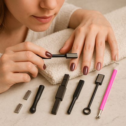 KIT ÍMÃ PARA UNHAS 8 PEÇAS + ESMALTE GEL OLHO DE GATO MAGNÉTICO